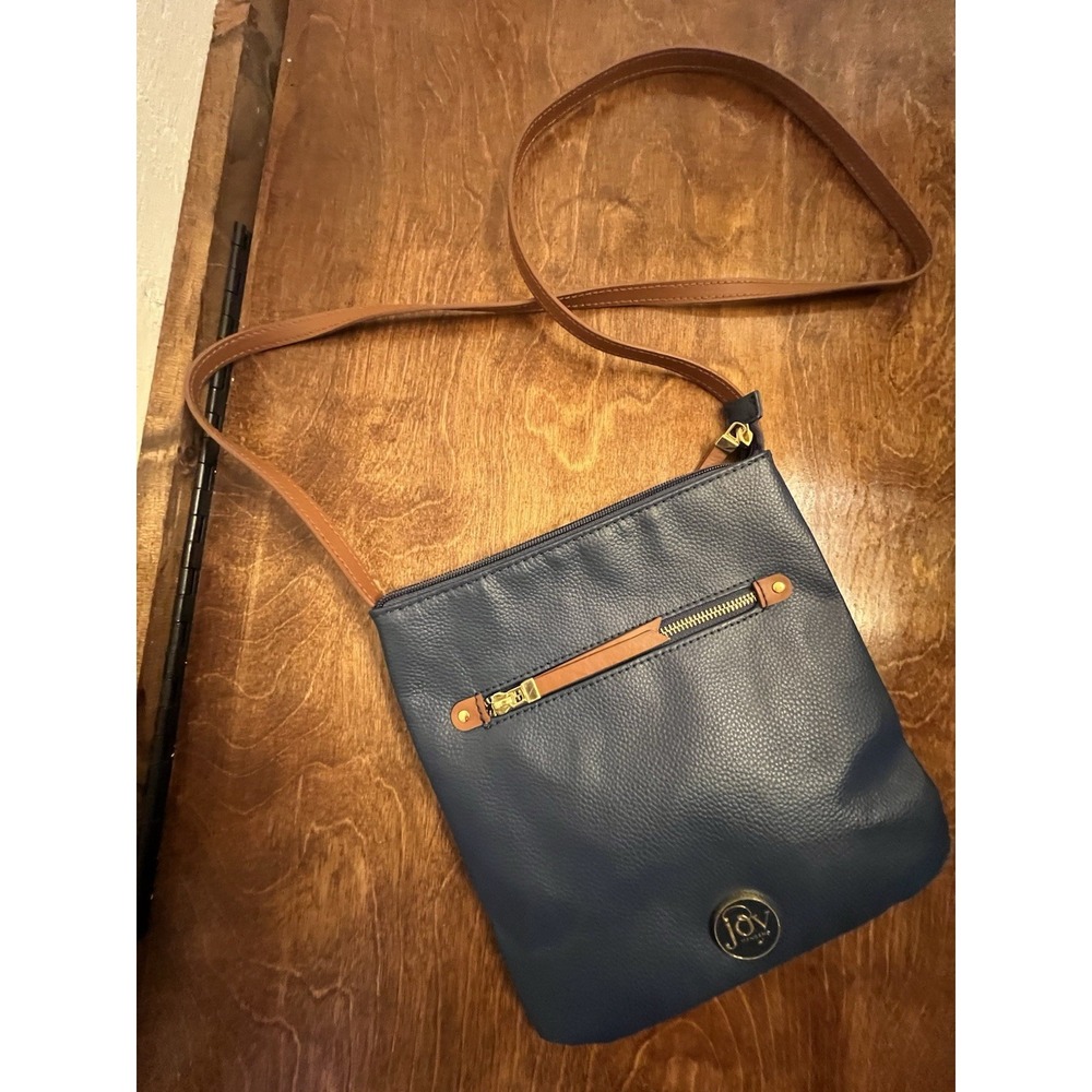 Joy Mangano Pebbled Blue Leather Cross Body Bag Purse Contrast Fall Classic Zip